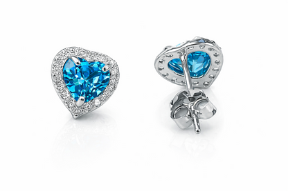 14k Solid White Gold Halo Heart Stud Earrings
