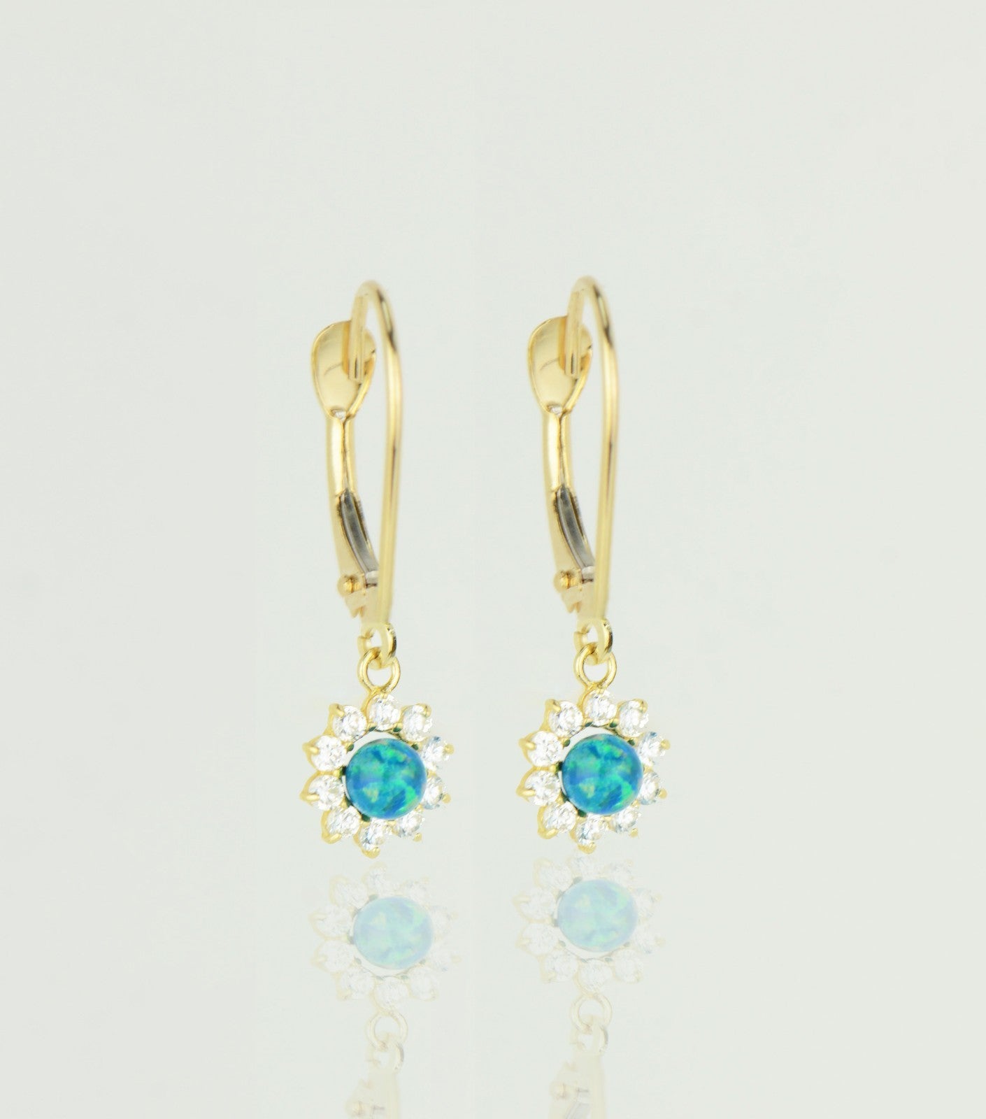 14k-Yellow-Gold-Opal Flower-CZ-Dangle-Earrings