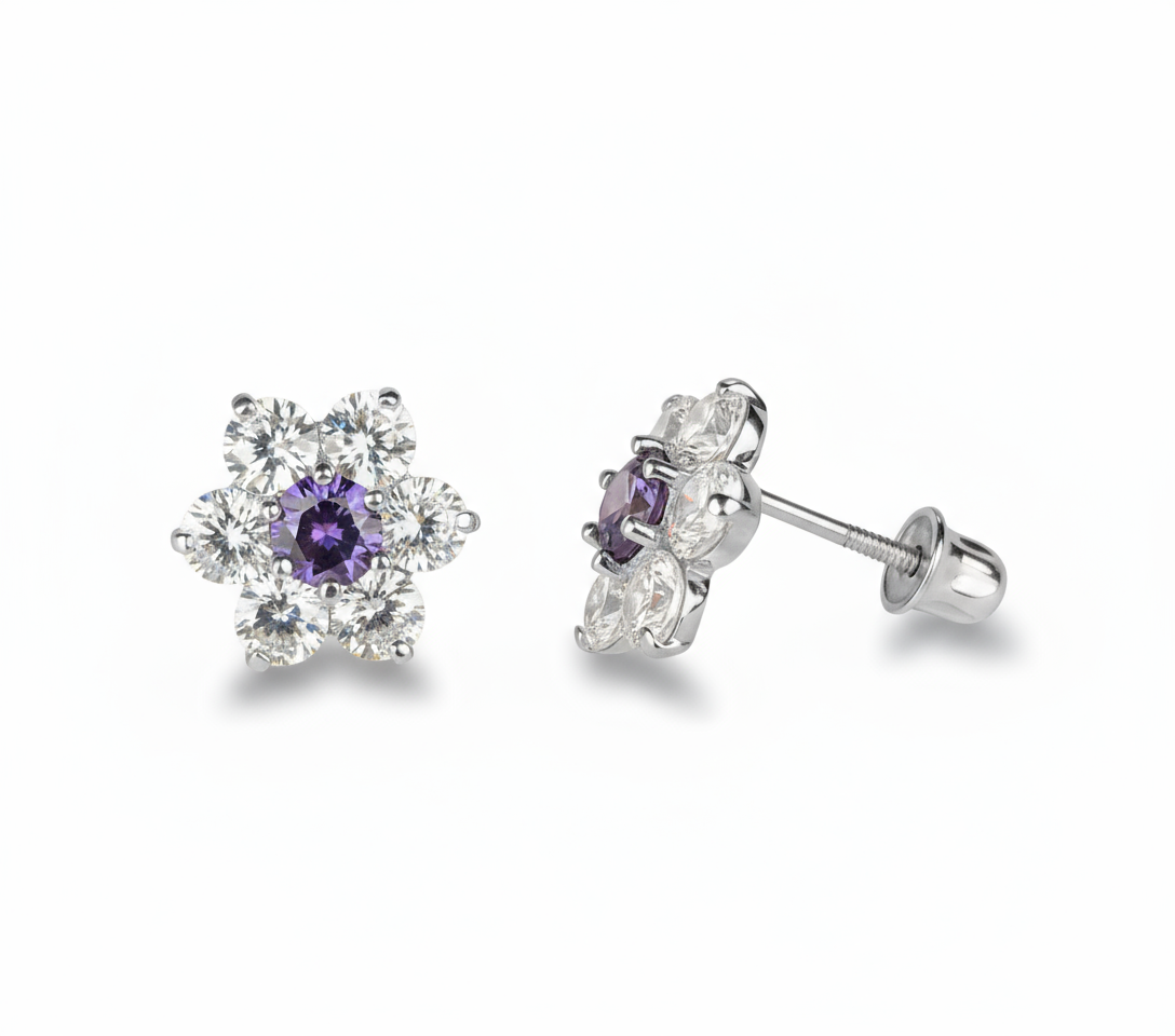 14k White Gold Beautiful Flower Shaped Stud Screw Back Earrings for Women