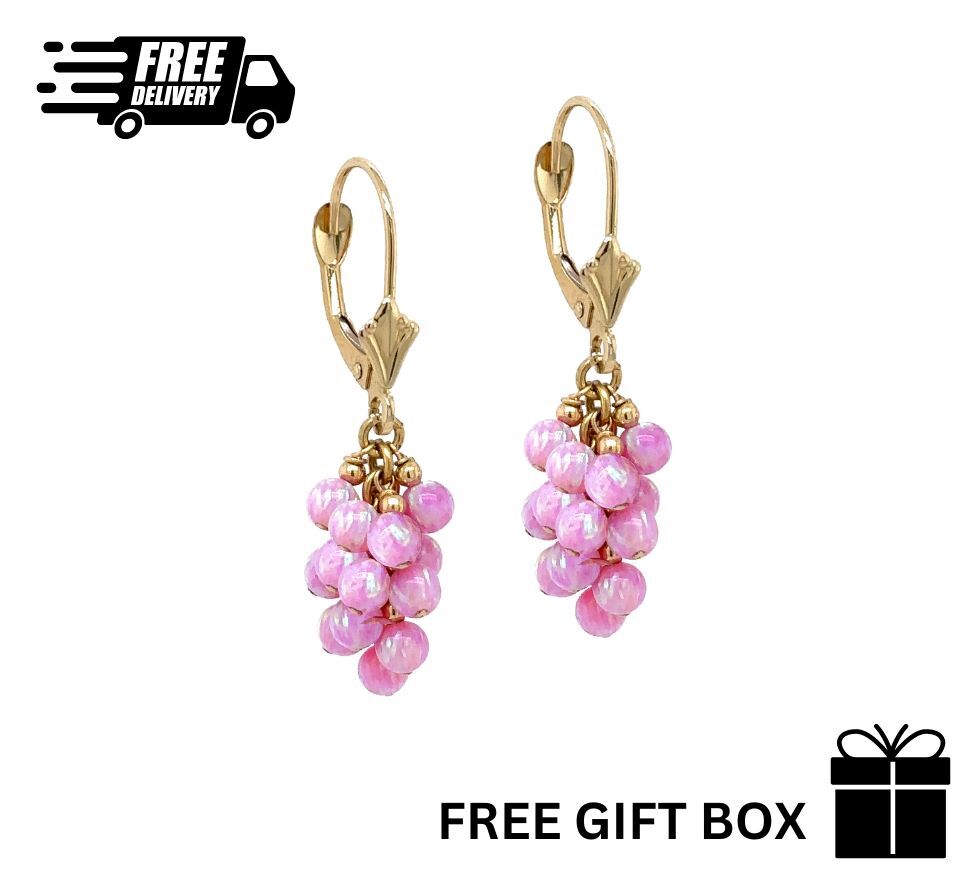 14k Yellow Gold  Dangle Pink Opal Grape Leverback Earrings