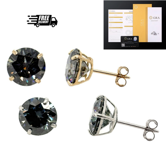 14K Gold GRA Certified D-VVS1 Round Grey Moissanite Push Back Studs Earrings