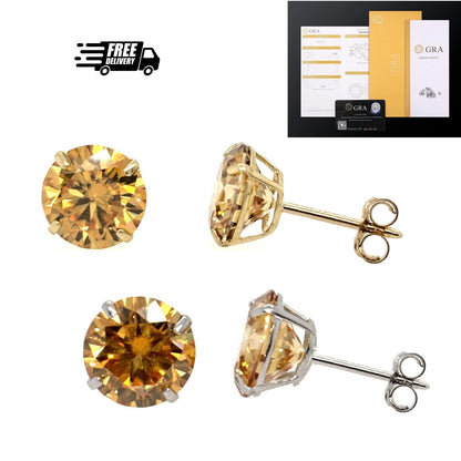 14K Gold GRA Certified D-VVS1 Round Champagne Moissanite PushBack StudsEarrings