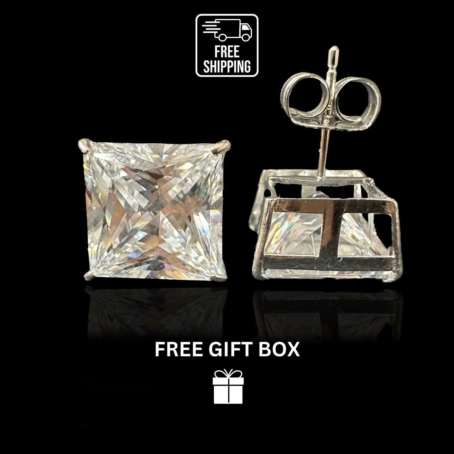 14k Heavy Basket White Gold Square AAA Quality CZ Stud Earrings with Push Back