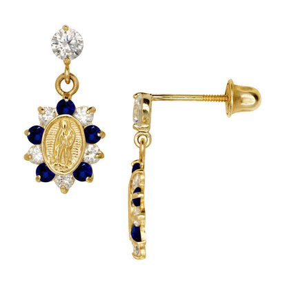 14k Yellow Gold CZ Virgen Guadalupe Religious Baby Screw Back Earrings for Women
