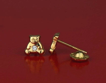 14k Yellow Gold CZ Bear Stud Earrings