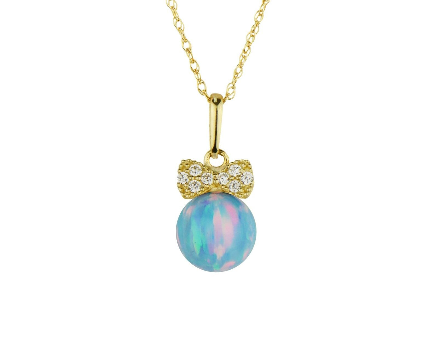 14K Yellow Gold Bow Tie Opal CZ Pendant Necklace Rope Chain