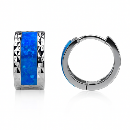 14k White Gold Dark Blue Opal Huggie Hoop Earrings