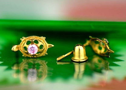 14k Yellow Gold Turtle CZ Stud Earrings Screw Back