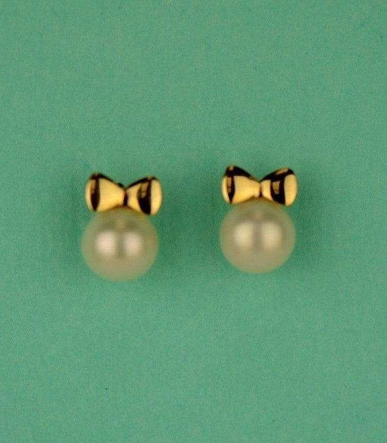 14K Yellow and White Gold Bow Tie Freshwater Pearl CZ Stud Earring