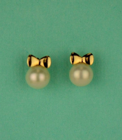 14K Yellow and White Gold Bow Tie Freshwater Pearl CZ Stud Earring