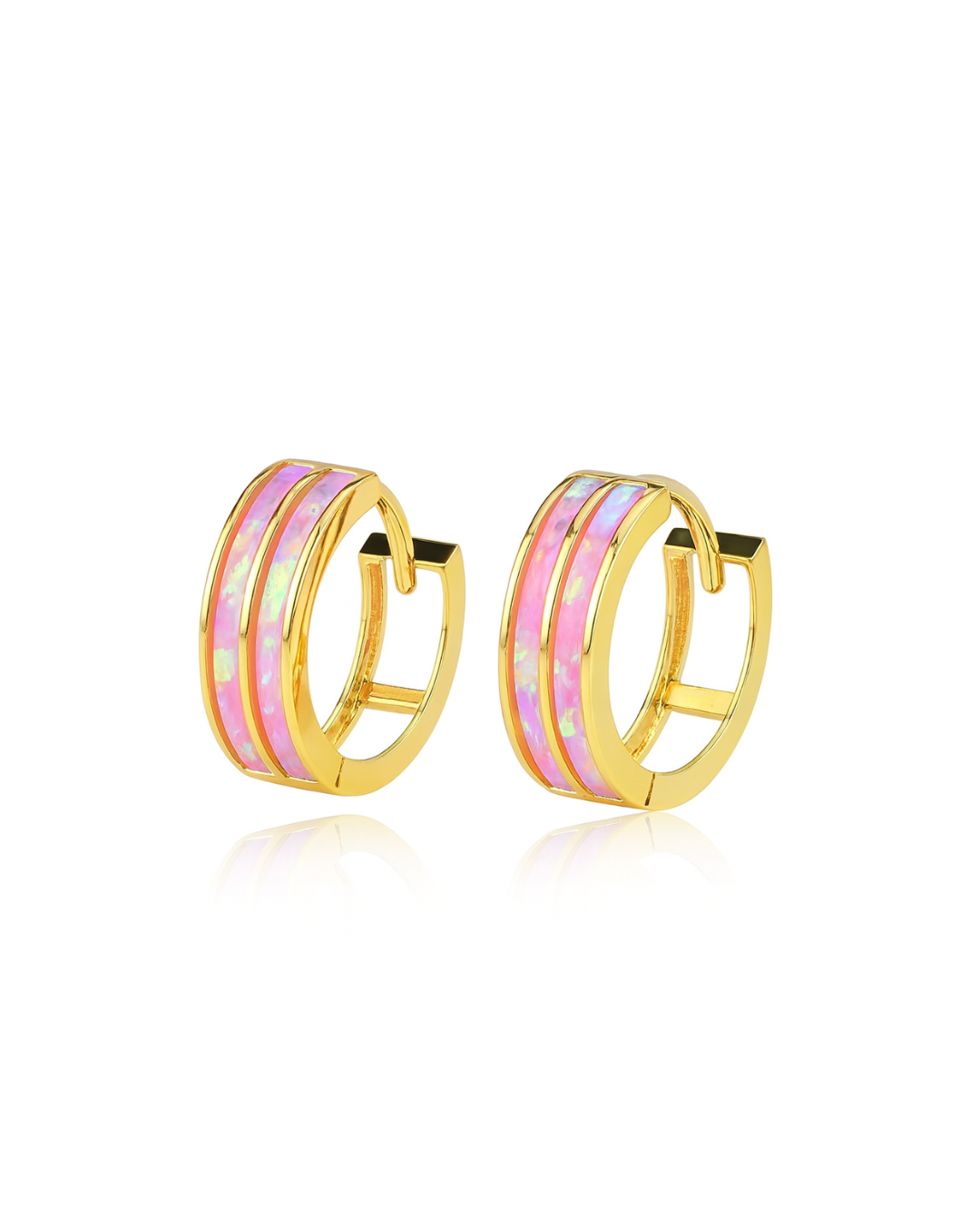 14k Yellow Gold Double Row Light Pink Opal Huggie Hoop Earrings