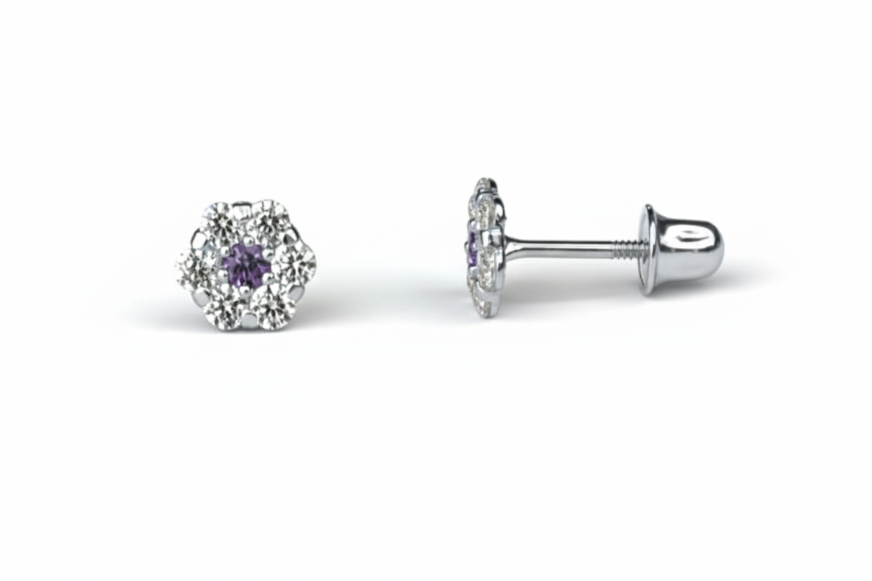 14K White Gold Flower Shaped  Screw Back Stud Earrings for Women