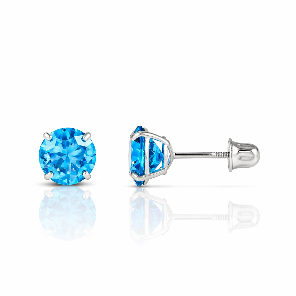 14K Solid White Gold 4mm Round Birthstone Stud Earrings with screw back