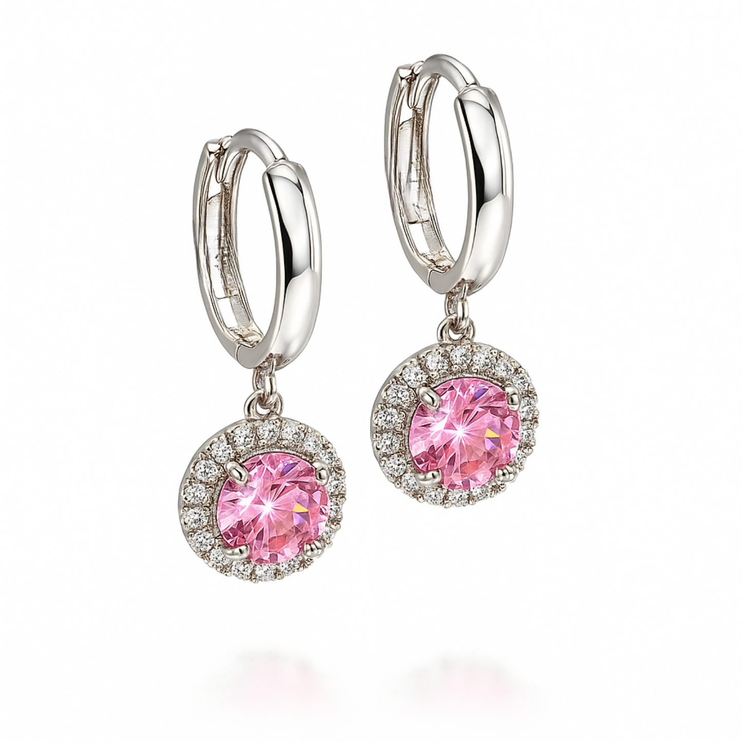 14k White Gold Halo Round Shaped pretty Birthstone Huggie Earrings for Women