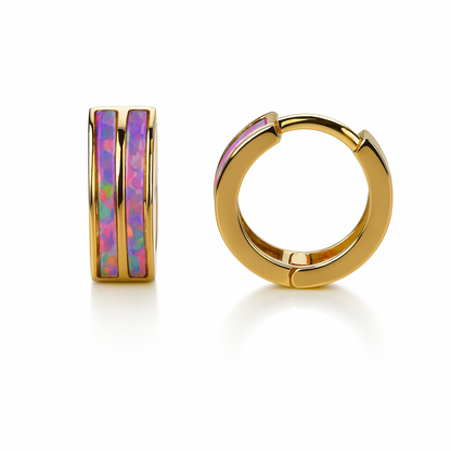 14k Yellow/White Gold Double Row Purple Opal Huggie Hoop Earrings