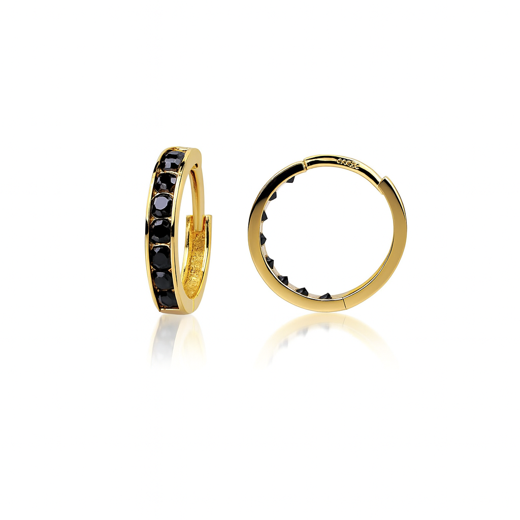 14k Yellow and White Gold Black Huggie Hoop Earrings