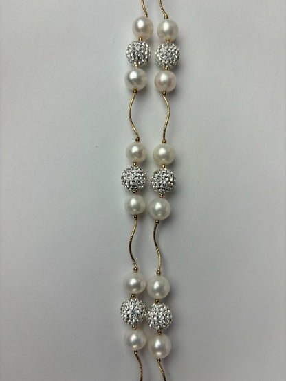 14K Yellow Gold Freshwater Pearl Necklace with Czech Crystal for Women