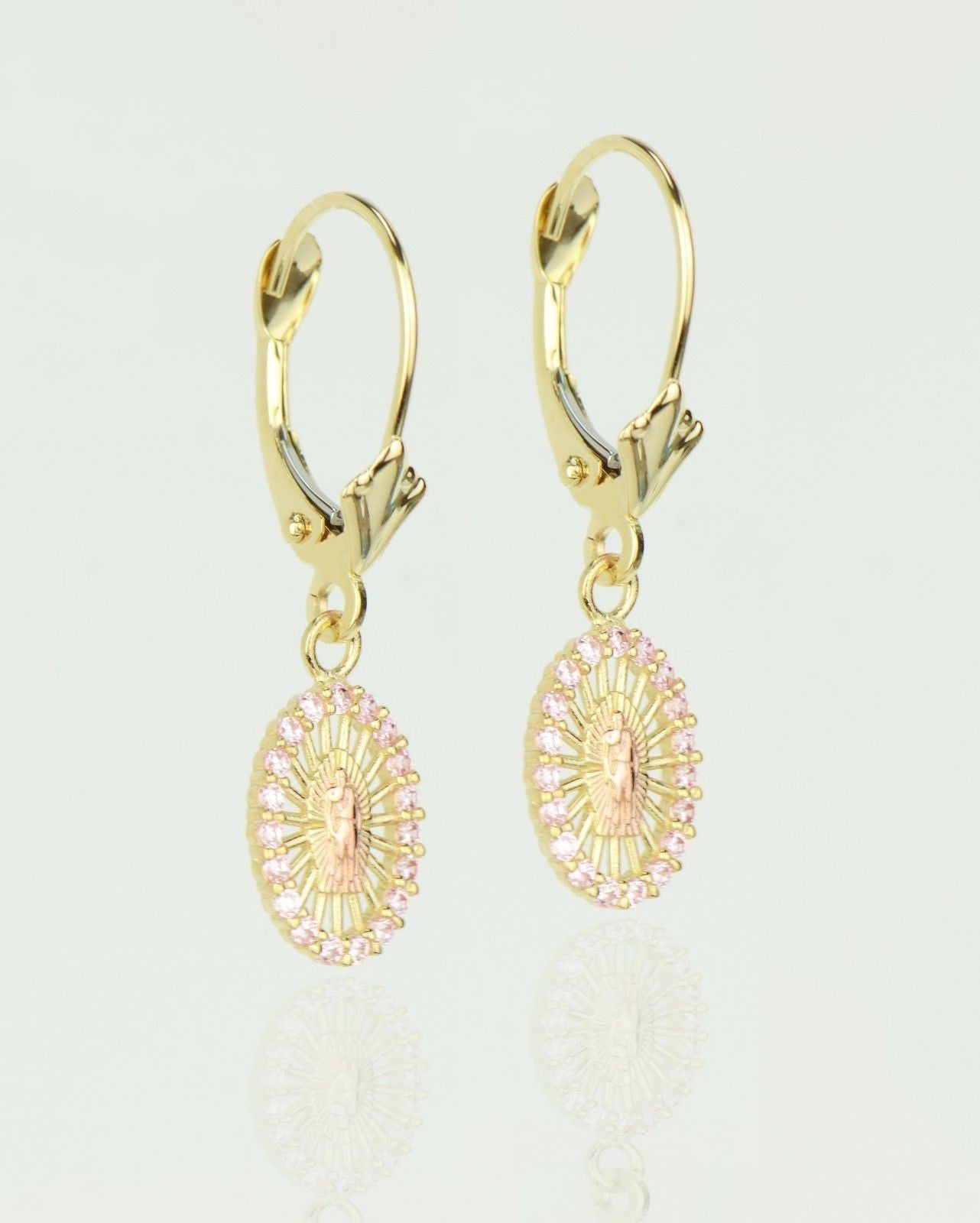 14k Yellow Gold CZ Guadalupe Oval Dangle Leverback Pierced Earrings