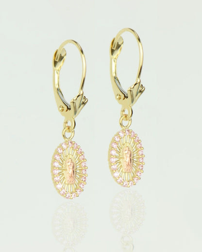 14k Yellow Gold CZ Guadalupe Oval Dangle Leverback Pierced Earrings