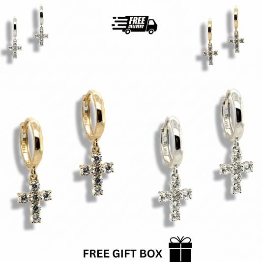 14k. Yellow/White Gold Cross Dangle Hoop Huggie CZ Earrings