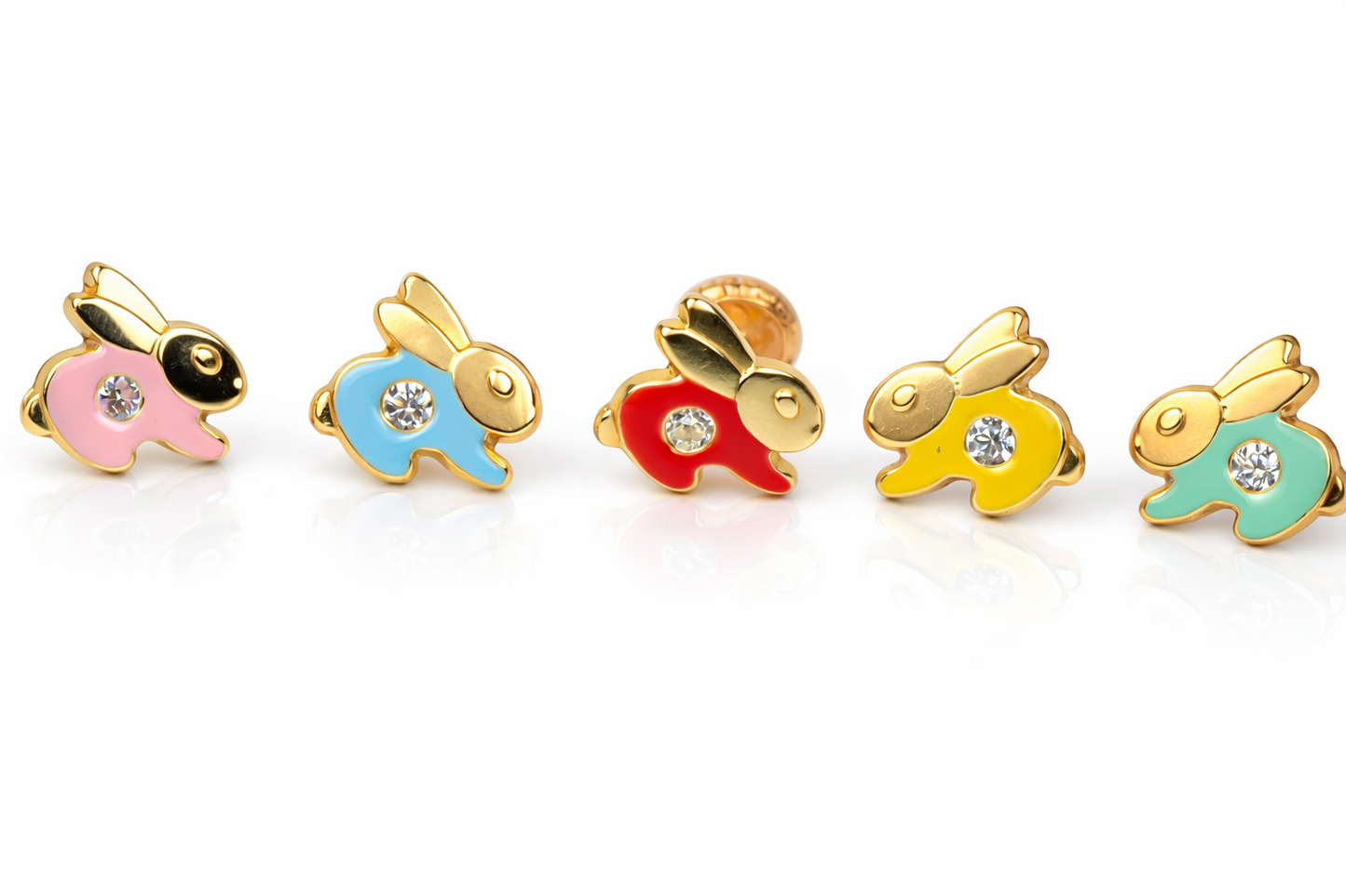 14k Yellow Gold Enamel CZ stud Rabbit screw back earrings