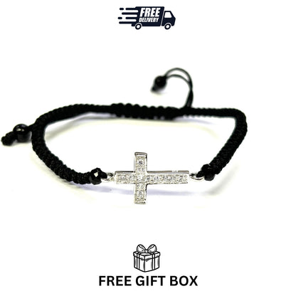 925 Sterling Silver String CZ Bracelet Cross 6" Adjustable to 11"