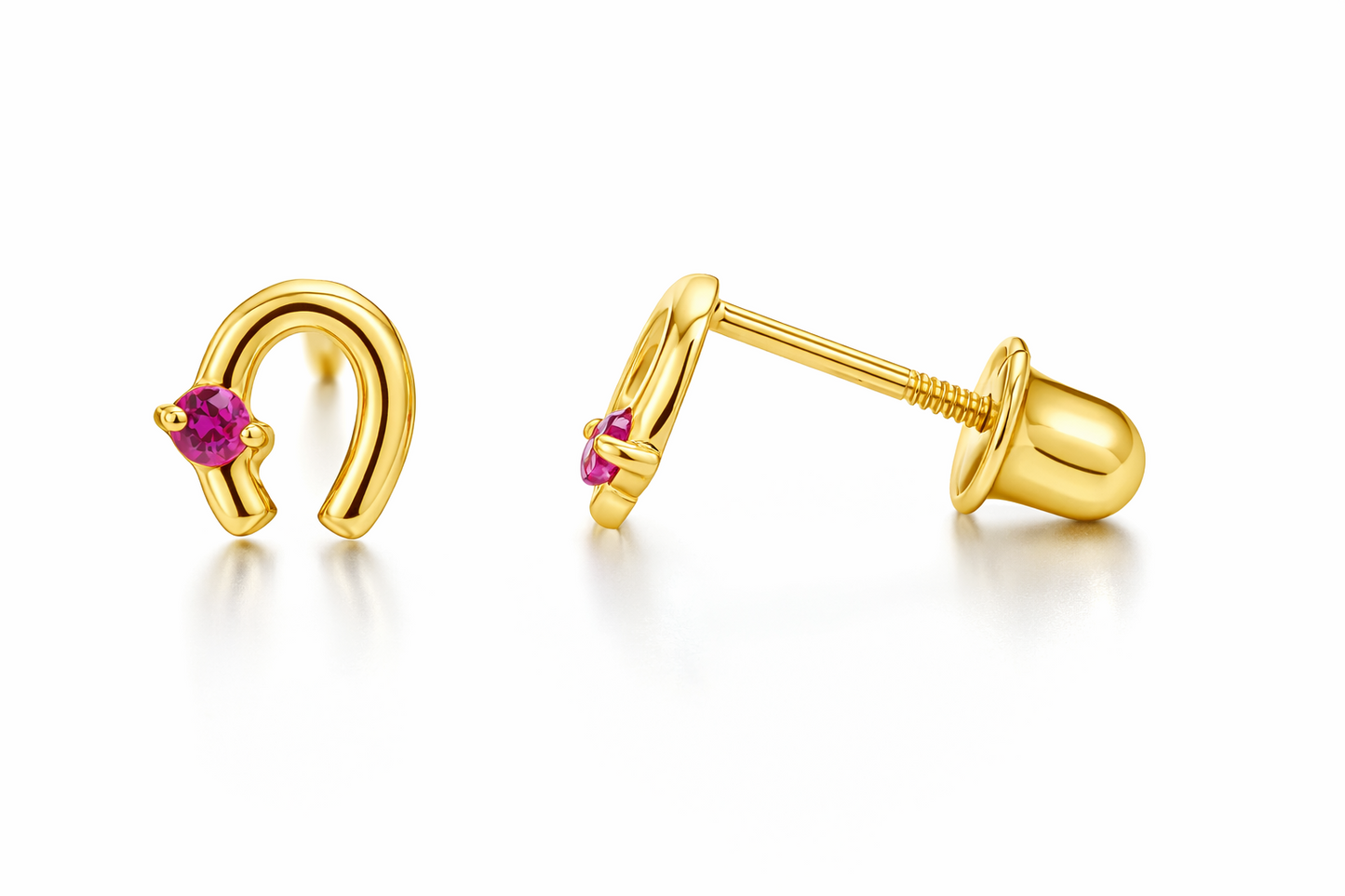 14k Solid Yellow or White Gold Horse Shoe Screw Back Stud Earrings with CZ