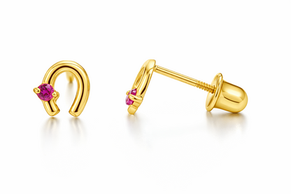 14k Solid Yellow or White Gold Horse Shoe Screw Back Stud Earrings with CZ