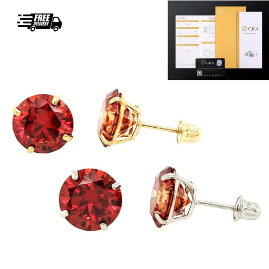 14K Gold GRA Certified D-VVS1 Round Garnet Moissanite Screw Back Studs Earrings