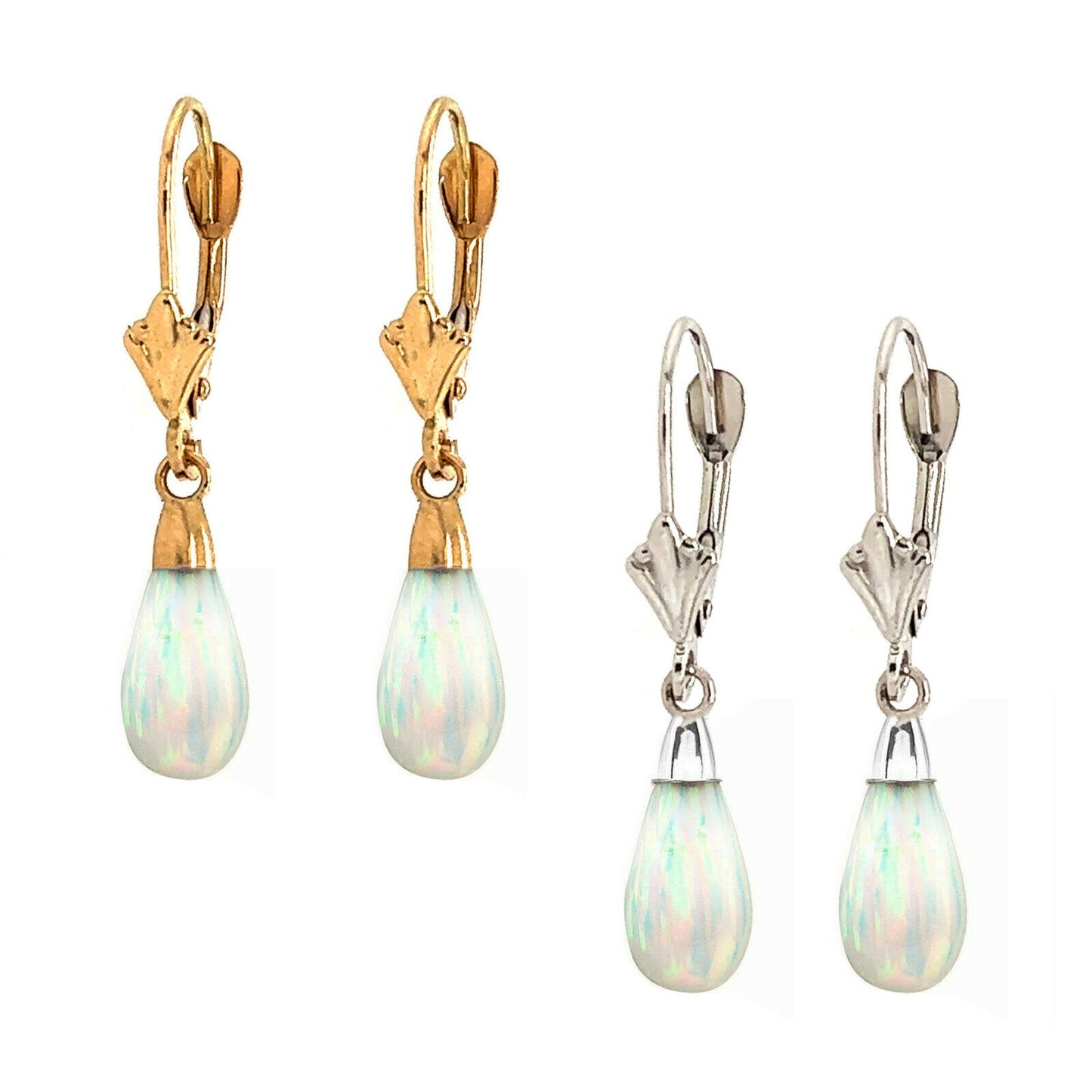 14k-Yellow and White Gold  Dangle White Opal Leverback Earrings