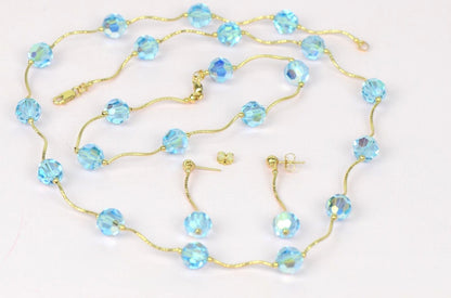 14kYellow Gold swarovski crystals Beads 3pcsWomen Set:Necklace,Bracelet,Earrings