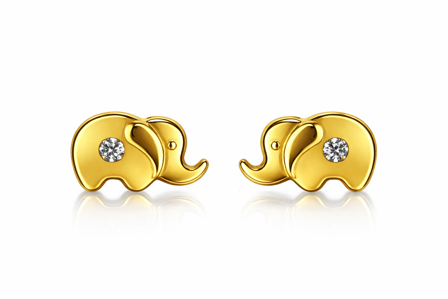 14k Solid Yellow Gold Elephant CZ Stud Earring with Screw Back