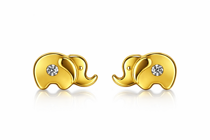 14k Solid Yellow Gold Elephant CZ Stud Earring with Screw Back