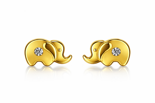 14k Solid Yellow Gold Elephant CZ Stud Earring with Screw Back