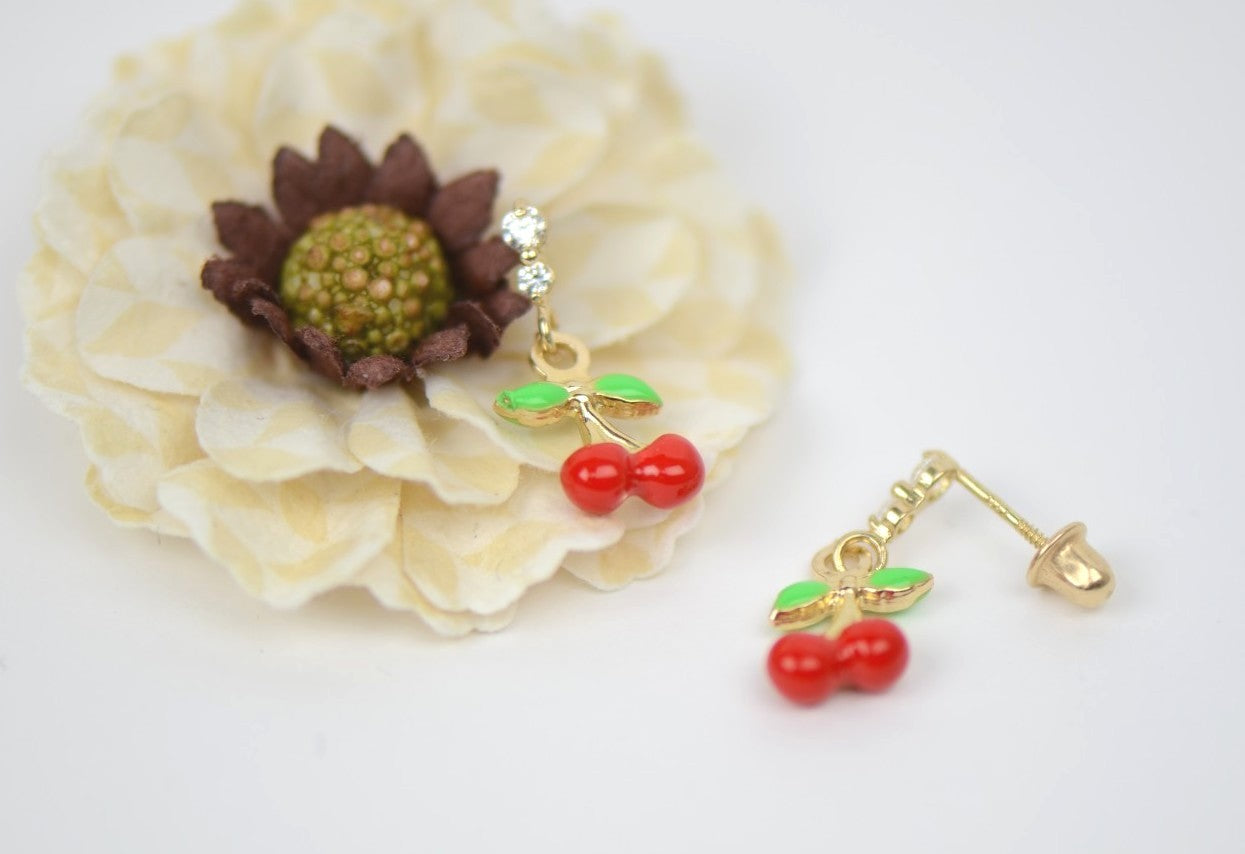 14K Solid Yellow Gold Cherry Enamel CZ Dangle Earrings