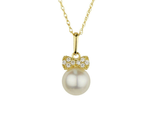 14K Yellow Gold Bow Tie Freshwater Pearl CZ Pendant NO CHAIN