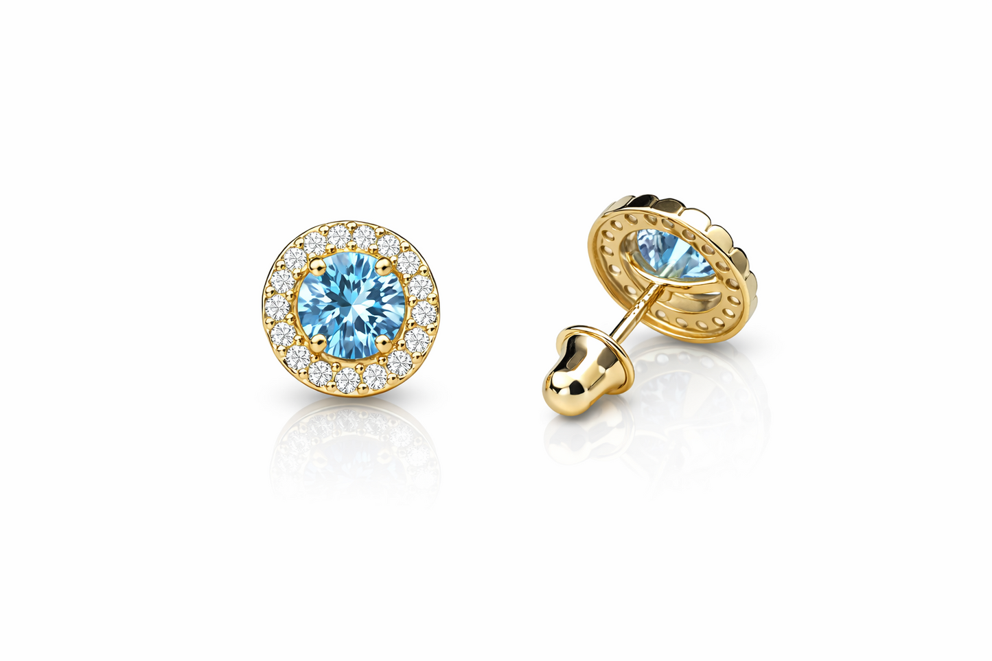 14K Solid White Gold Halo Stud CZ Screw Back Earrings