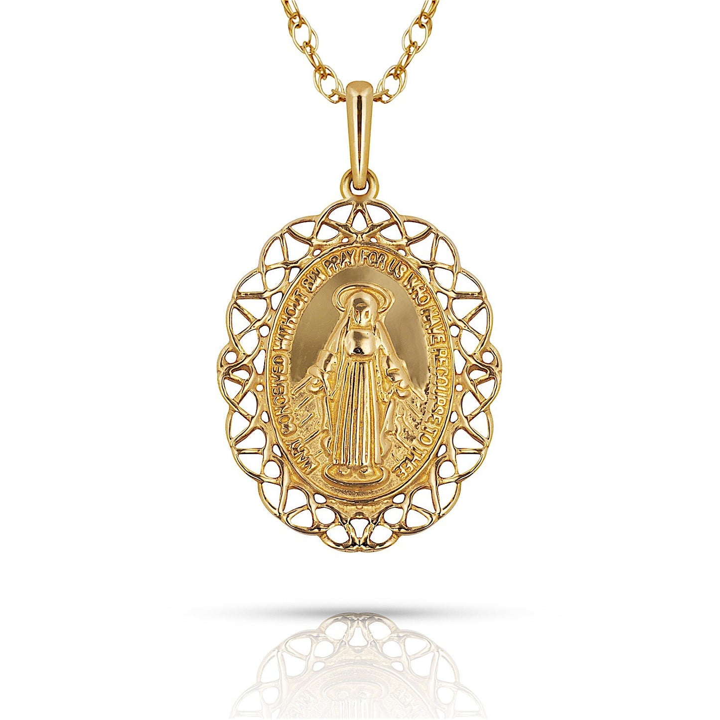 14K Yellow & White Gold Miraculous Medal Virgin Mary Pendant For Women