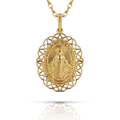 14K Yellow & White Gold Miraculous Medal Virgin Mary Pendant For Women