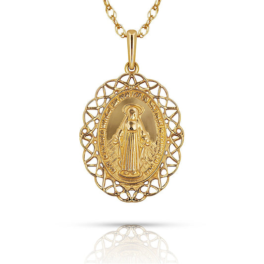 14K Yellow & White Gold Miraculous Medal Virgin Mary Pendant For Women