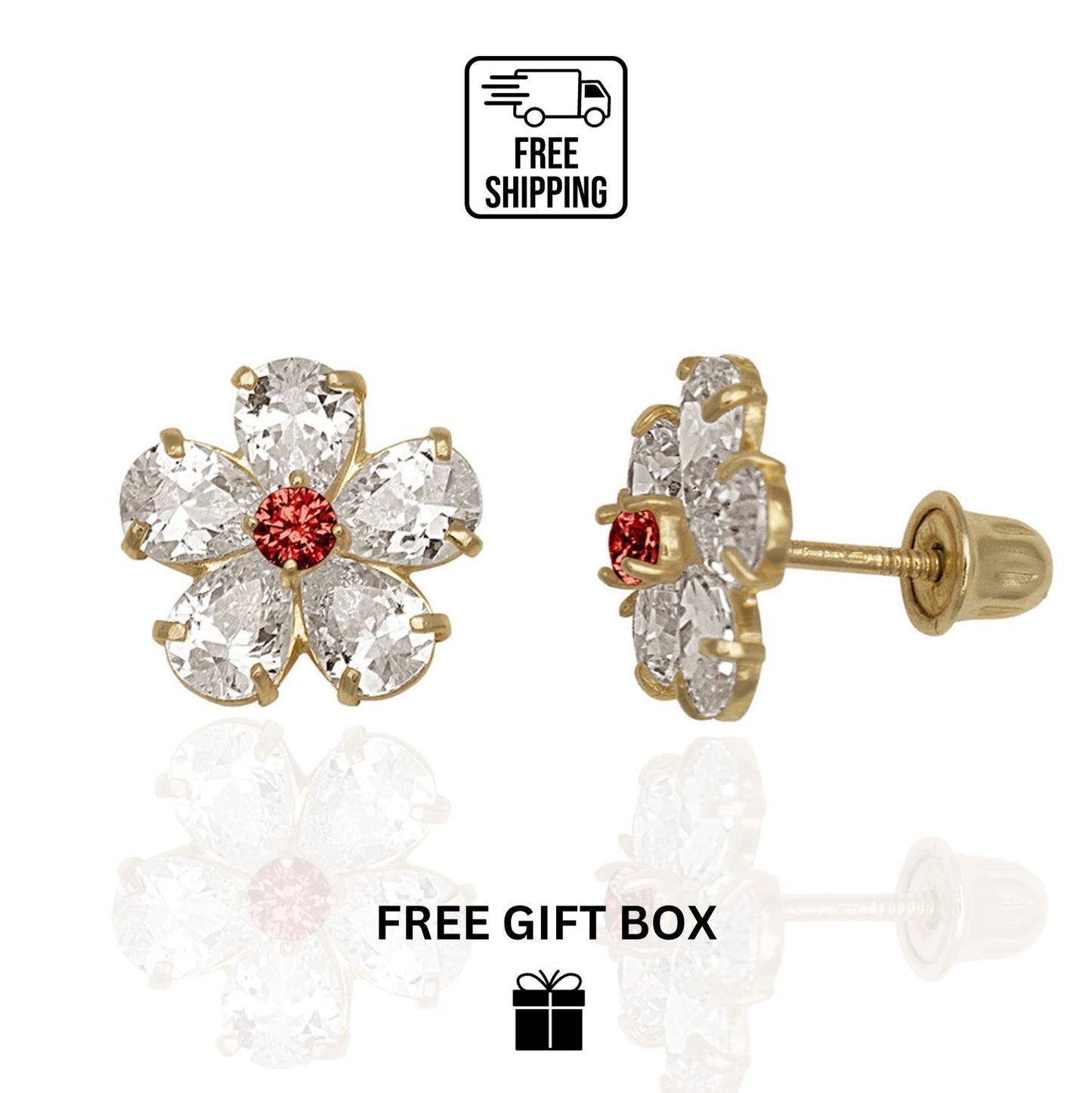 14k Yellow & White Gold CZ Flower Birthstone Stud Screw Back Earrings for Women
