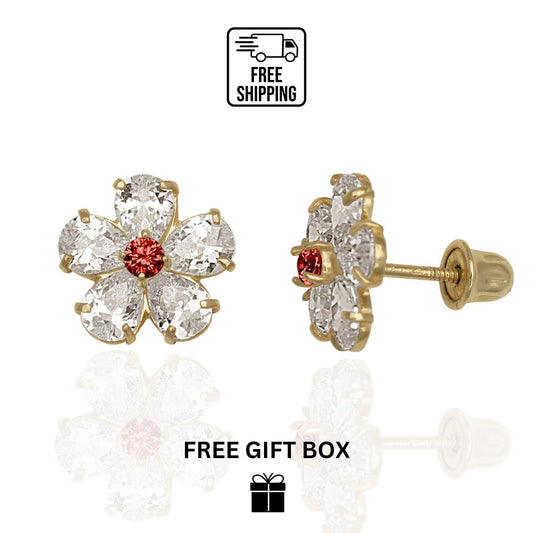 14k Yellow & White Gold CZ Flower Birthstone Stud Screw Back Earrings for Women
