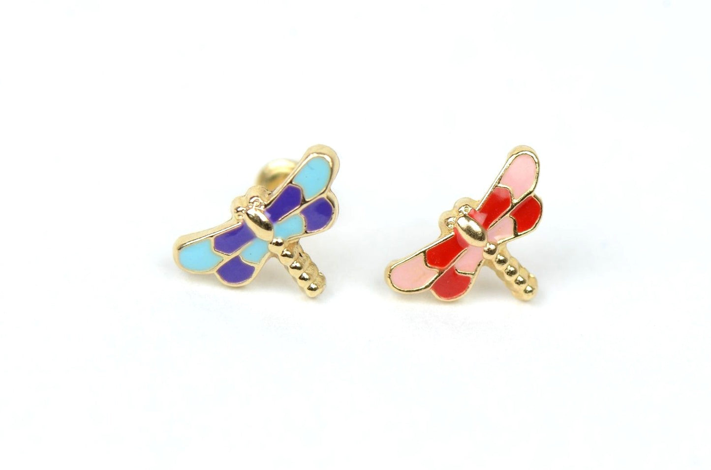 14k Yellow Gold Baby Enamel dragonfly earrings with Screw Back