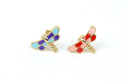 14k Yellow Gold Baby Enamel dragonfly earrings with Screw Back