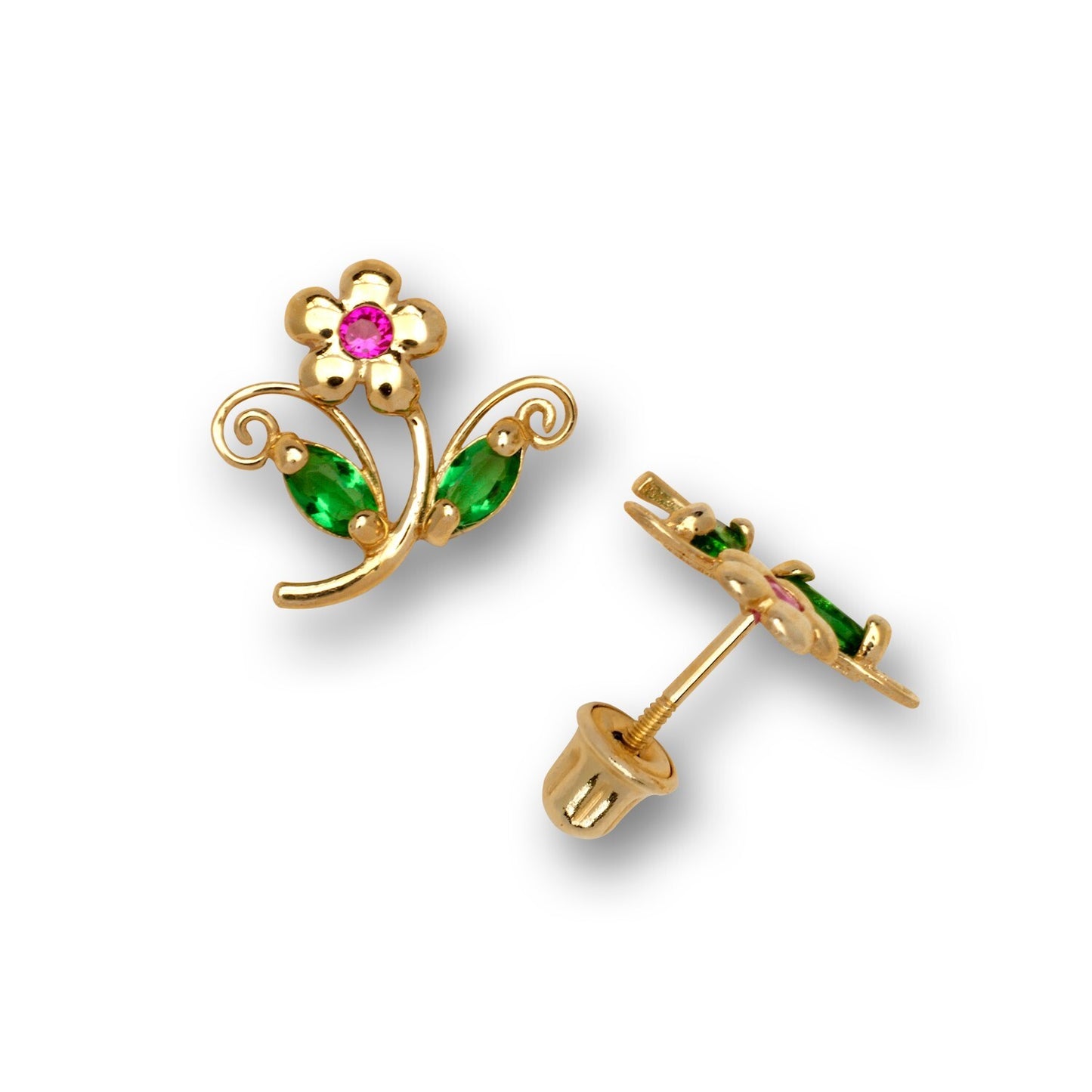14K Yellow Gold Emerald Flower Shape screw back Studs Earrings for Women