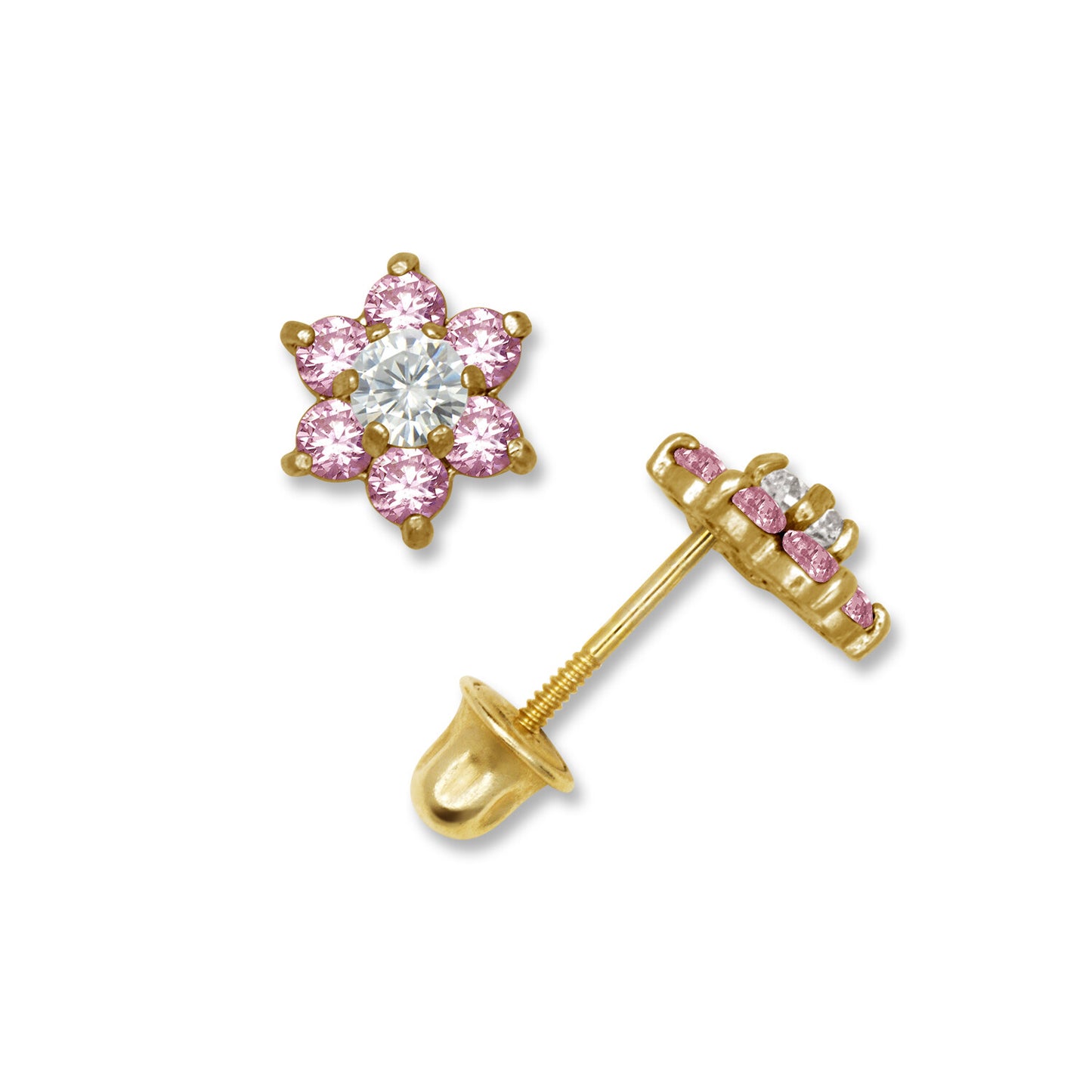 14k Yellow Gold CZ Flower Birthstone Stud Screw Back Earrings