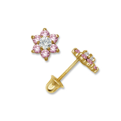 14k Yellow Gold CZ Flower Birthstone Stud Screw Back Earrings