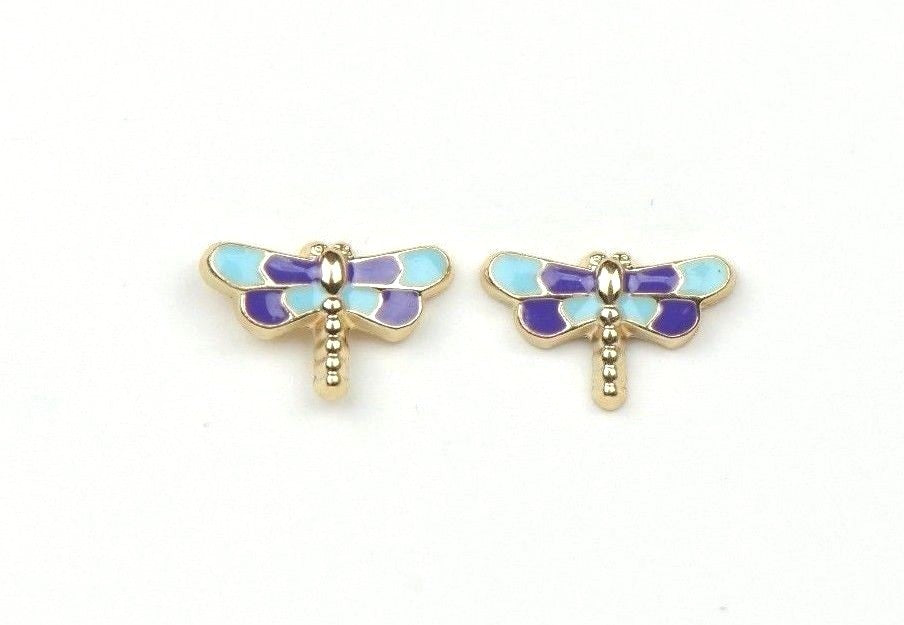 14k Yellow Gold Baby Enamel dragonfly earrings with Screw Back