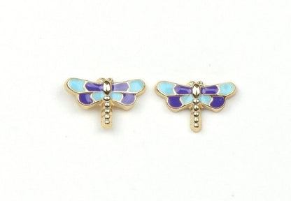14k Yellow Gold Baby Enamel dragonfly earrings with Screw Back