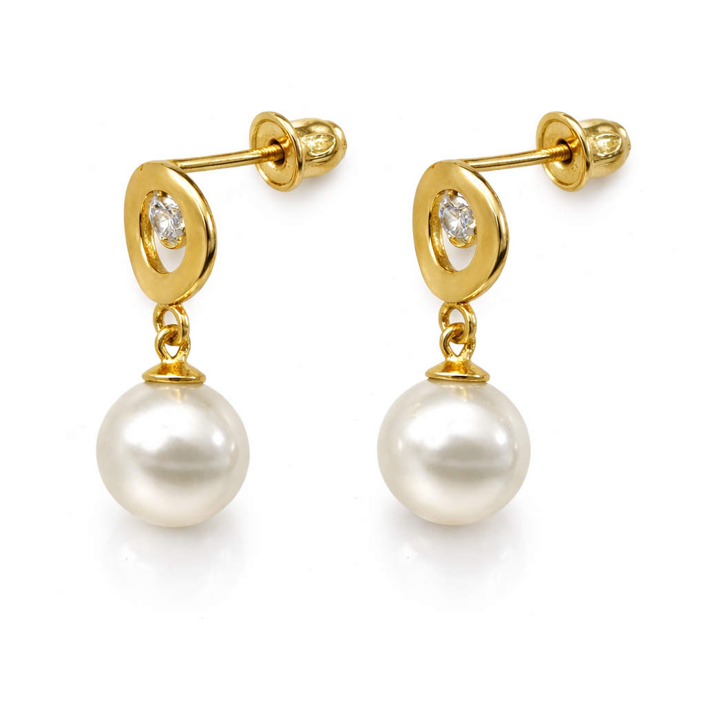 14K Yellow and White Gold Genuine Pearl CZ Stud Earring